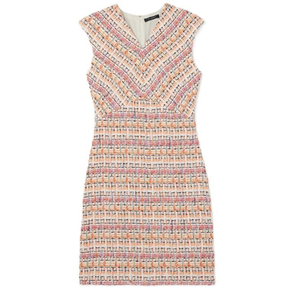 St John Raised Tweed Knit Dress Size 6 Melon Pink Plaid Sleeveless Luxury NWT - Picture 6 of 10